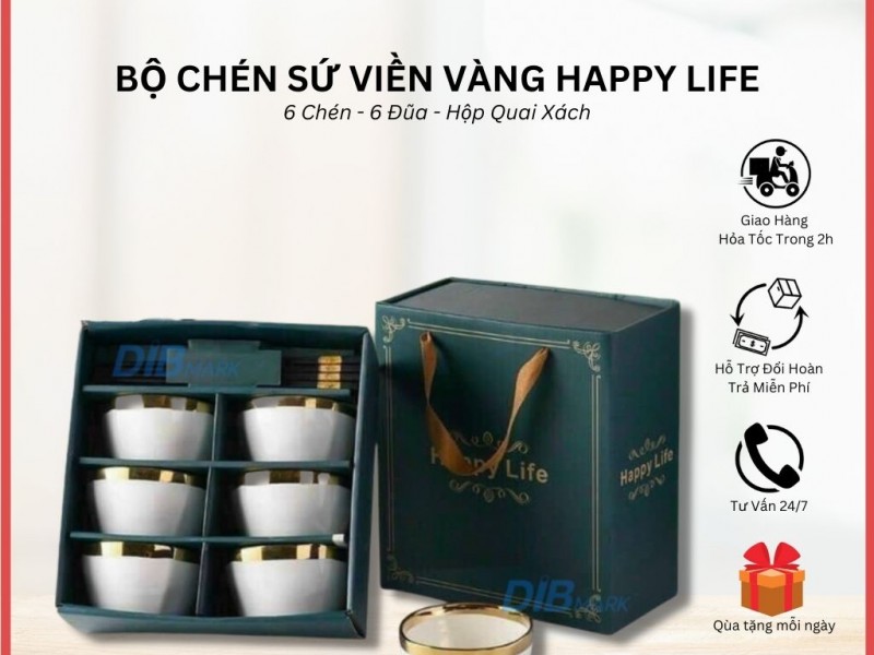 Bộ chén sứ viền vàng