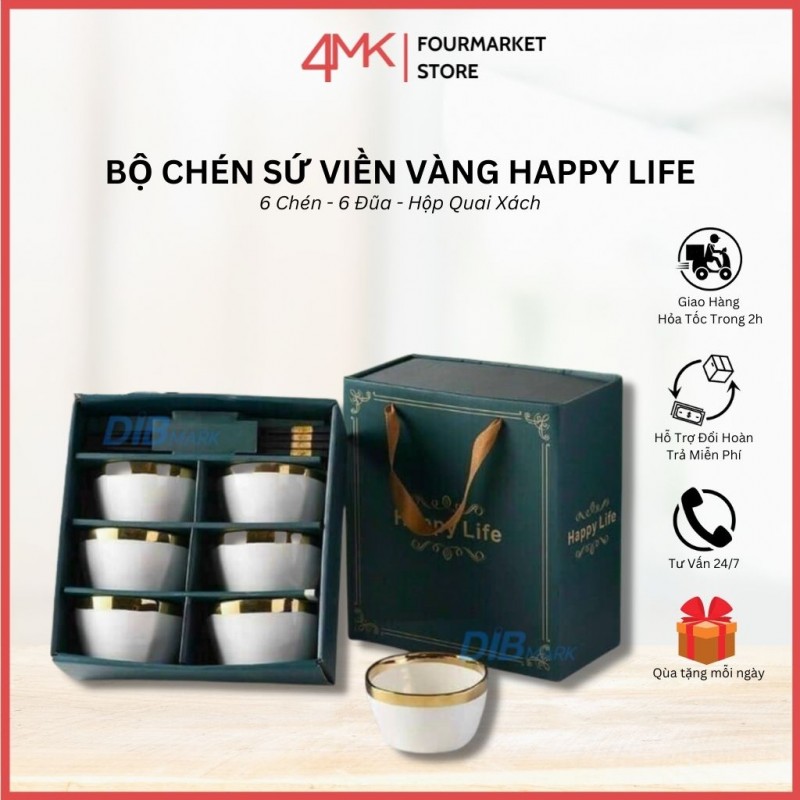 Bộ chén sứ viền vàng