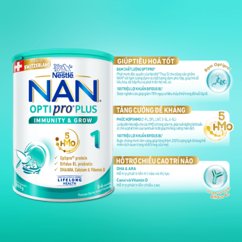 Sữa Nan Optipro PLUS 1 800g, với 5HMO, sản xuất tại Thụy Sỹ (0-6 tháng)